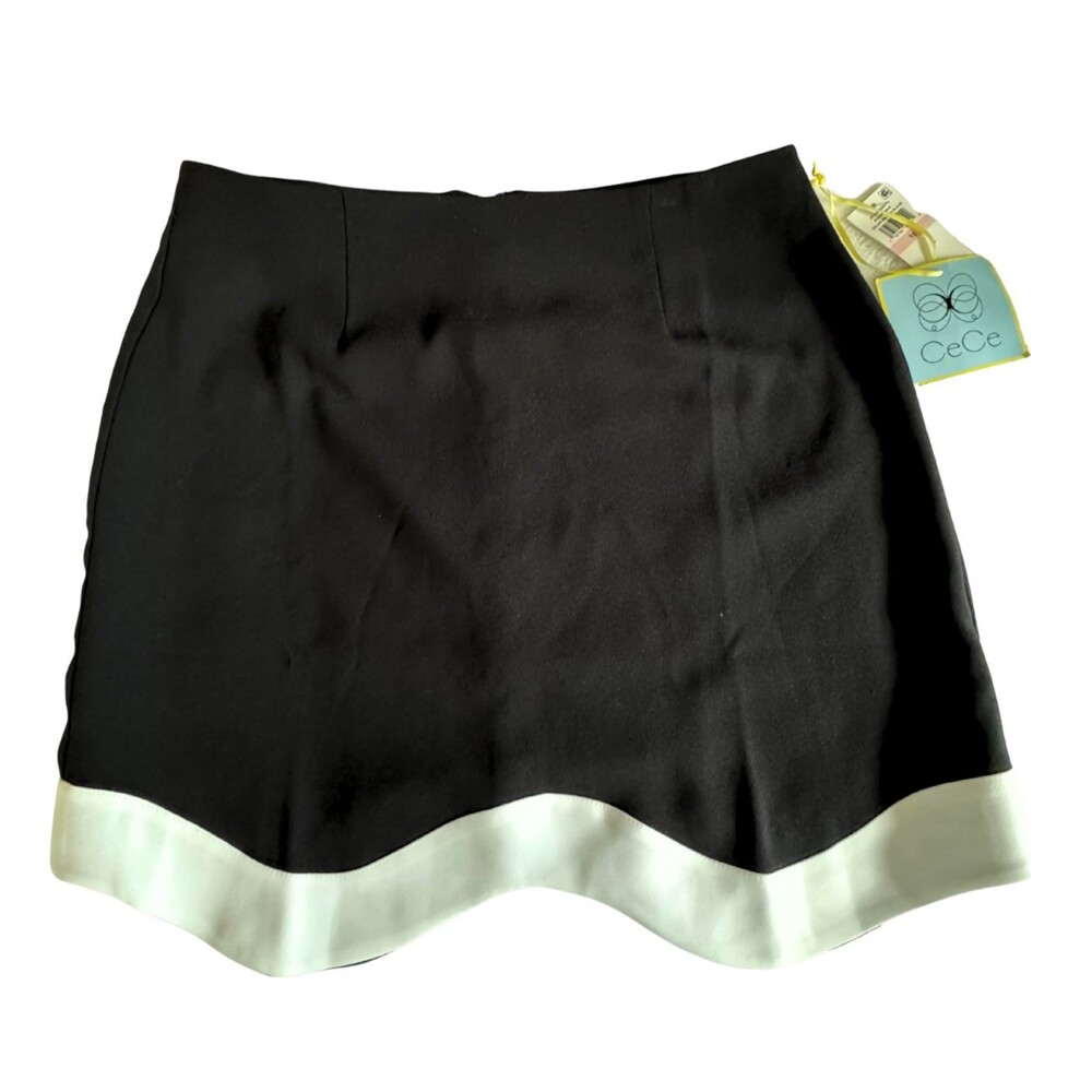 CeCe Wavy Hem Contrast A-Line Mini Skirt, Womens 10, Black White Trim, NWT